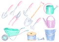 Hand-painted watercolor pastel gardening tools, with watering cans, bucket, wheelbarrow and more. Royalty Free Stock Photo