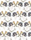 Watercolor pattern, Dachshund and hunting accessories