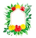 Hand painted Watercolor polygonal frame with red and yellow flowers and leaves