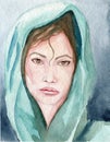 watercolor portrait of a young beautiful eastern woman with curly hair in blue hijab