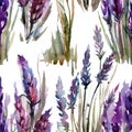 Hand painted watercolor provence floral pattern with lilac flowers of lavanders, foliage. Romantic seamless pattern perfect for