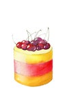 Hand painted watercolor rainbow layered cake with fresh cherries topping isolated