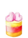 Hand painted watercolor rainbow layered cake with two pink heart topping isolated