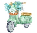 Hand painted watercolor retro scooter with mint gold peonies flowers Royalty Free Stock Photo