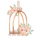 Hand painted watercolor rusty vintage bird cage with dirty pink roses flowers bouquet and green leaves branch. Provence style Royalty Free Stock Photo