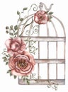 Hand painted watercolor rusty vintage bird cage with red roses flowers bouquet and green leaves branch. Provence style Royalty Free Stock Photo