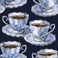 Hand painted watercolor seamless pattern with antique tea coffee cups. Tea time themed design. Porcelain cup of tea or Royalty Free Stock Photo