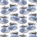 Hand painted watercolor seamless pattern with antique tea coffee cups. Tea time themed design. Porcelain cup of tea or Royalty Free Stock Photo