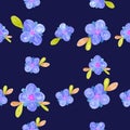 Hand painted watercolor seamless pattern with cute blue flowers on dark blue background. Aquarelle illustrations. Royalty Free Stock Photo