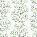 Hand painted watercolor seamless pattern with green leaves, branches, greenery Royalty Free Stock Photo