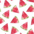 Hand painted watercolor seamless texture with watermelon slices isolated on white. Repeating summer fruit background. Bright and j Royalty Free Stock Photo