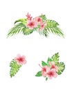 Hand painted watercolor set of tropical bouquet hibiscus flowers, palm tree and monstera leaves isolated on white background. Royalty Free Stock Photo