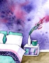 Hand painted watercolor sketch of bedroom interior.