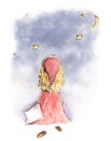 Hand painted watercolor sketch illustration baby girl watching s Royalty Free Stock Photo