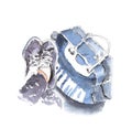 Hand painted watercolor sketch illustration sneakers and sport b