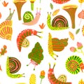 Hand painted watercolor snail seamless pattern in autumn colors