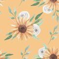 Sunflowers Watercolor Seamless Pattern Flowers White Roses Royalty Free Stock Photo