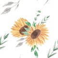 Sunflowers Watercolor Seamless Pattern Flowers White Roses Royalty Free Stock Photo