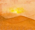 Watercolor of a sunset over a desert.