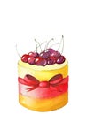 Hand painted watercolor three layered cake with cherries topping and red bow knot Royalty Free Stock Photo