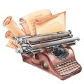 Hand painted watercolor typewriter with old paper and parchment scrolls. Royalty Free Stock Photo