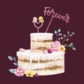 hand painted watercolor wedding cake with topper vector design illustration Royalty Free Stock Photo