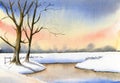 Hand painted watercolor winter landskape. Dawn sky above the snow foeld and frozen lake with a distant forest and two trees near t