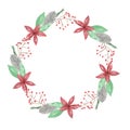 Watercolor Christmas Red Flower Leaves Berries Festive Wreath Border