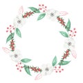 Watercolor Winter Floral Christmas Red Green Leaves Berries Festive Wreath Border Royalty Free Stock Photo