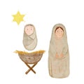 Hand painted watercolor wrapped baby, manger, Mary, star isolated on white Royalty Free Stock Photo