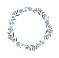 Hand painted watercolor wreath with forget me not flowers. Blue floral frame on white background. Wedding invitation template Royalty Free Stock Photo