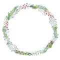 Hand painted watercolor wreath with greenery and red berries. Christmas clipart.