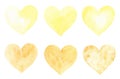 Hand painted watercolor yellow hearts set. Cute hearts collection isolated on white background.