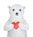 Cute little polar bear cub with kind eyes, smiling face and beautiful white fur holding red love heart.