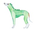 Cute whippet dog wearing funny hooded dinosaur onesie. Standing profile view.