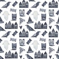 Black and white Halloween seamless pattern with various holiday symbol shapes.