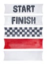 Illustration pack of various racing banners: start line, finish line, checkered flag, bright red and blank one.