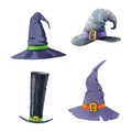 Hand painted witch and wizard hat set. Watercolor cartoon style illustration. Various funny magician hat element Royalty Free Stock Photo