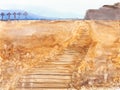 Hand painted wooden footpath on sand beach Royalty Free Stock Photo