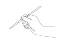 Hand painting with brushes continuous line drawing minimalist. Vector one hand drawn sketch of brush with finger holding to draw