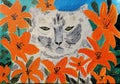 Hand Painting Of A Cat Surrounded By Garden Lilies. Original and Unique Artwork Royalty Free Stock Photo