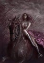 Hand painting digital art with horsewoman in night. Horseback rider girl and horse in motion. Royalty Free Stock Photo