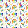 Watercolor rainbow, floral and hummingbird seamless pattern isolated on white background. Hand painting gay pride