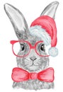 Hand painting grey bunny in glasses and hat illustration. Watercolor rabbit isolated on white background. Royalty Free Stock Photo