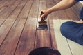 Hand painting oil color on wood floor ,diy home work concept