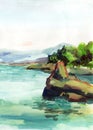 Hand painting Watercolor illustration of  colorful rocks, aquamarine sea, green tree, blue sky background. Royalty Free Stock Photo