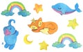 Hand draw watercolor illustration. Cute animals, rainbow, moon and stars.