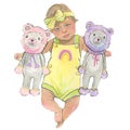 Hand draw watercolor illustration. Cute baby girl with toys. Royalty Free Stock Photo