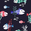 Seamless pattern with watercolor fish and seaweed