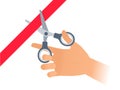 Hand with pair of scissors is cutting the red band. Royalty Free Stock Photo